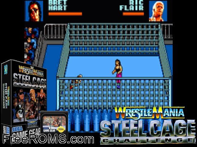 WWF Steel Cage Challenge Game Gear game showing 3D box cover and gameplay screenshot